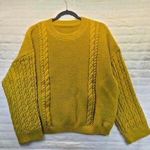 Cable Knit Sweater Womens Large Mustard Yellow Crew Neck Oversized Pullover